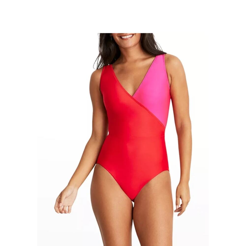 NWT Hermoza Pink and Red Color Block V-Neck One Piece Swimsuit Size 12